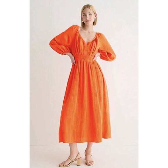 J. Crew Dresses & Skirts - J. CREW V-Neck Midi Dress in Soft Gauze Fire Lily Orange Size XL Maxi Pockets